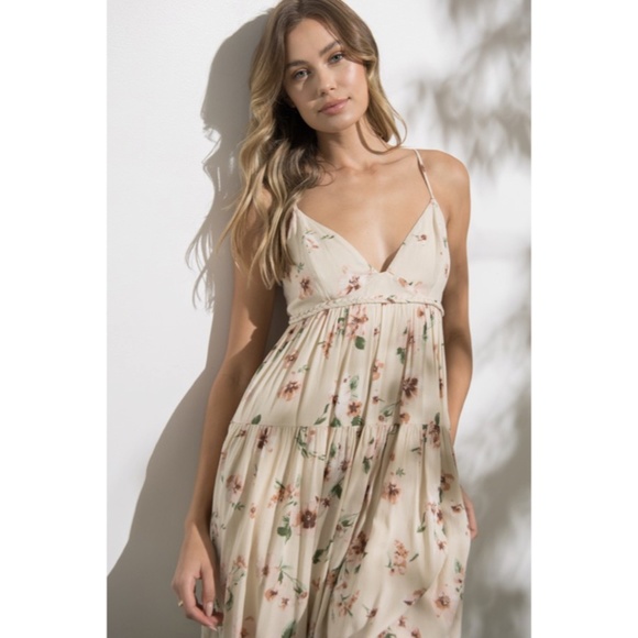 SOLD OUT Yulia Cream Floral Flowly Tie Back Mini Spring Summer Boho Casual Dress - Picture 2 of 6